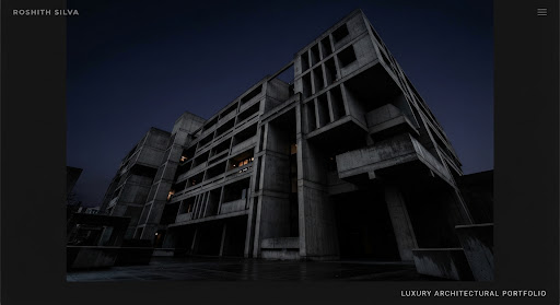 Stunning architectural photography, low angle shot of a modern brutalist building with strong shadows and geometric lines against a deep sky, dark mode edit.