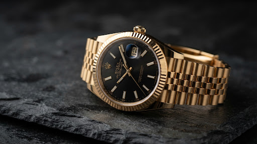 Macro product photography of a luxury watch, golden accents gleaming against a textured slate background, razor-sharp focus.