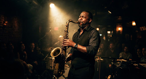 Candid event photography, a jazz musician playing saxophone under a single spotlight in a smoky dark club, rich contrast.